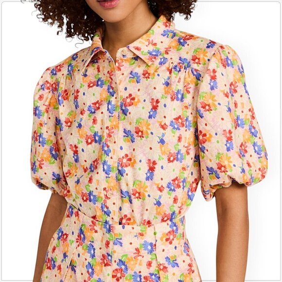 Something Navy Cream Multi Floral Puff Sleeve Button Up Top Linen NWT NEW S - Picture 1 of 7